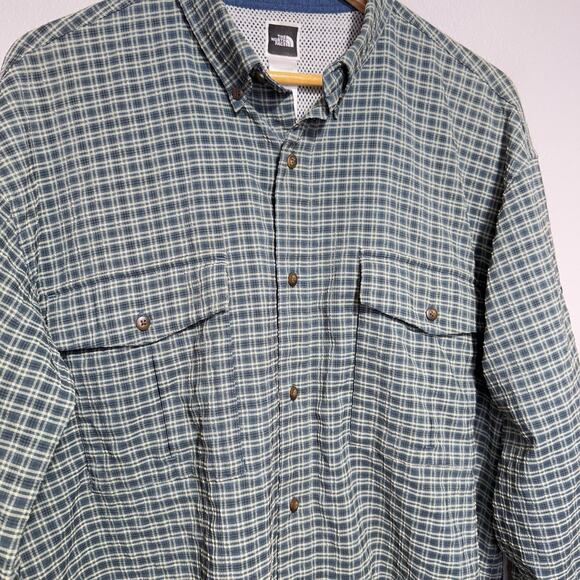 The North Face Shirt Men’s Large Green Beige Plaid Long Sleeve Outdoor Button Up - Picture 3 of 8